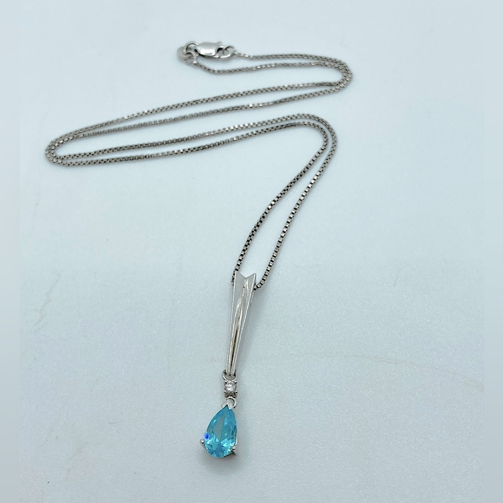 𝅺blue Topaz & Diamond Long Drop Pendant w Sterling Silver Box Chain 16”